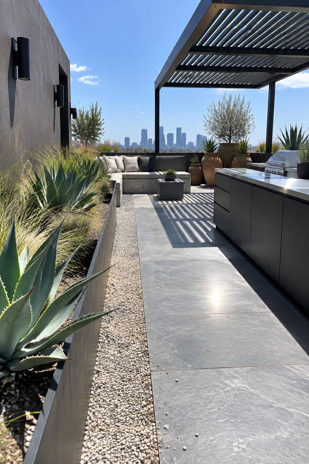 Rooftop terrace with long rectangular built-in planters holding agave and grasses along one side of a paved walkway, next to an outdoor kitchen and seating area.