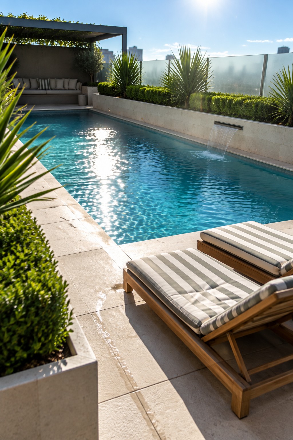 Rooftop pool area with striped lounge chairs, a built-in water feature, and long concrete planters filled with shrubs and tall grasses.