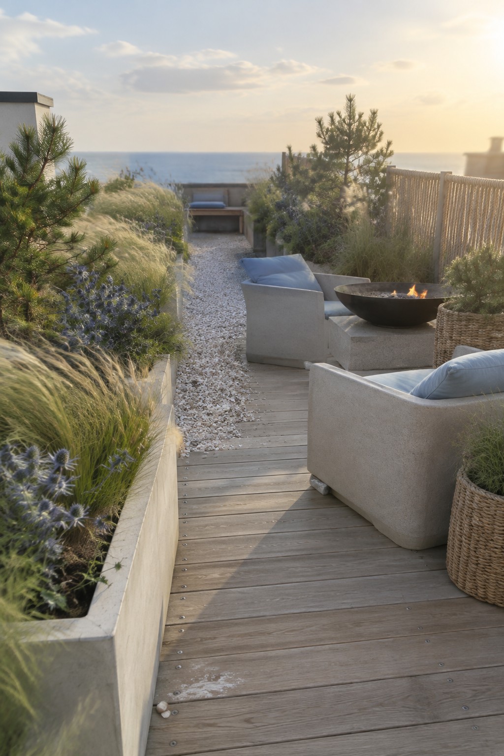 Modern rooftop deck with concrete armchairs, fire pit, and ocean view at sunset.