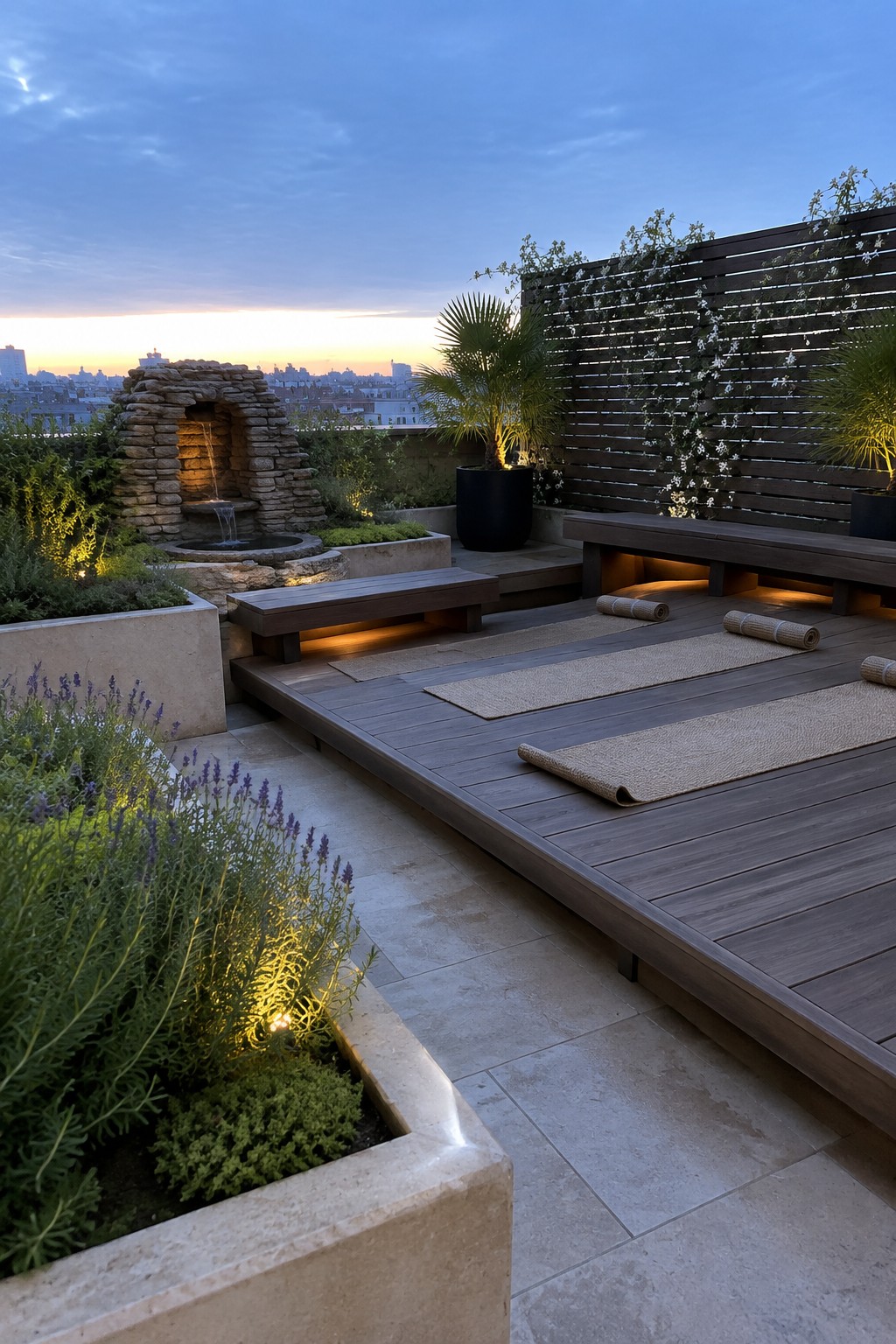 A modern rooftop terrace at dusk with a wooden deck holding rolled yoga mats, large concrete planters filled with purple flowers and green shrubs, a stone fountain, and potted palms against a slatted screen.