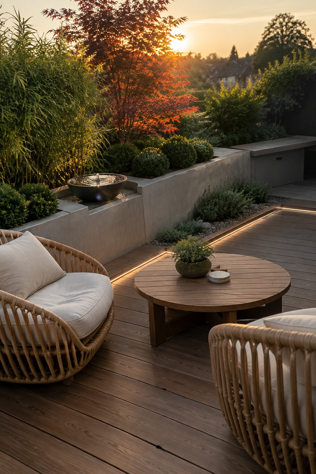 Rooftop wooden deck with two wicker chairs and a round table beside a raised concrete planter holding a water bowl and shrubs.