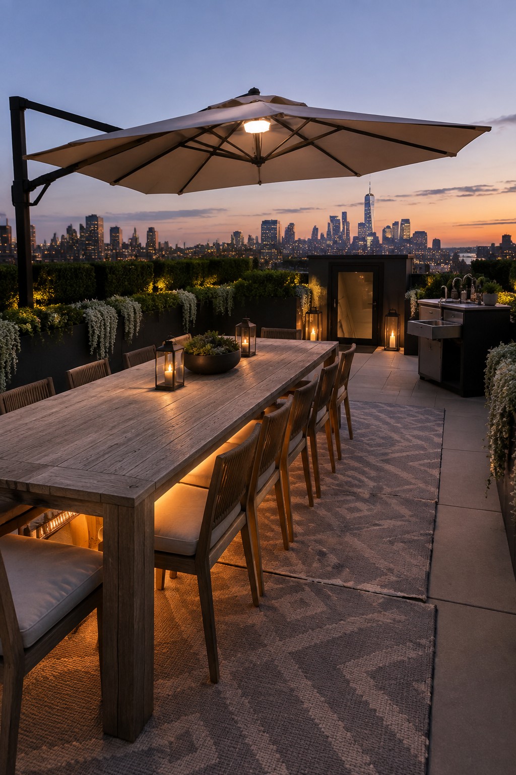 A rooftop terrace at dusk shows a long wooden dining table with chairs under a large umbrella, bordered by built-in planters filled with greenery and lanterns, overlooking a city skyline.