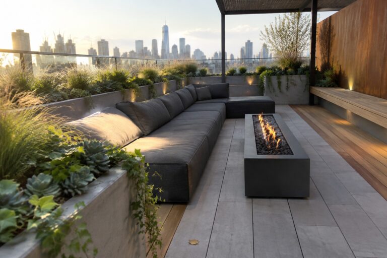 17 Modern Roof Garden Ideas Using Clean-Lined Built-In Planters A modern rooftop terrace features a dark gray sectional sofa, a long rectangular concrete fire pit with flames, and built-in gray planters with green plants along the edges overlooking a city skyline at sunset.