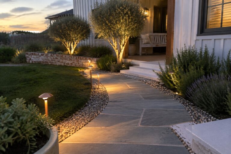 A curved stone pathway lined with low-voltage path lights leads past garden beds with uplighted trees and shrubs toward house steps.