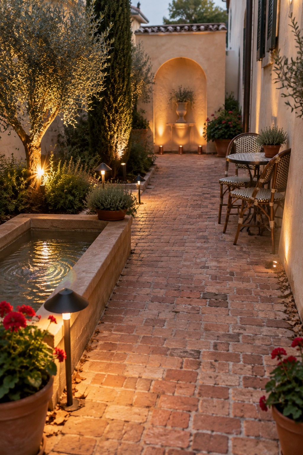 A brick garden path at dusk lined with low black path lights, uplighted trees on the left, a rectangular water basin in the foreground, and a small seating area with chairs on the right.