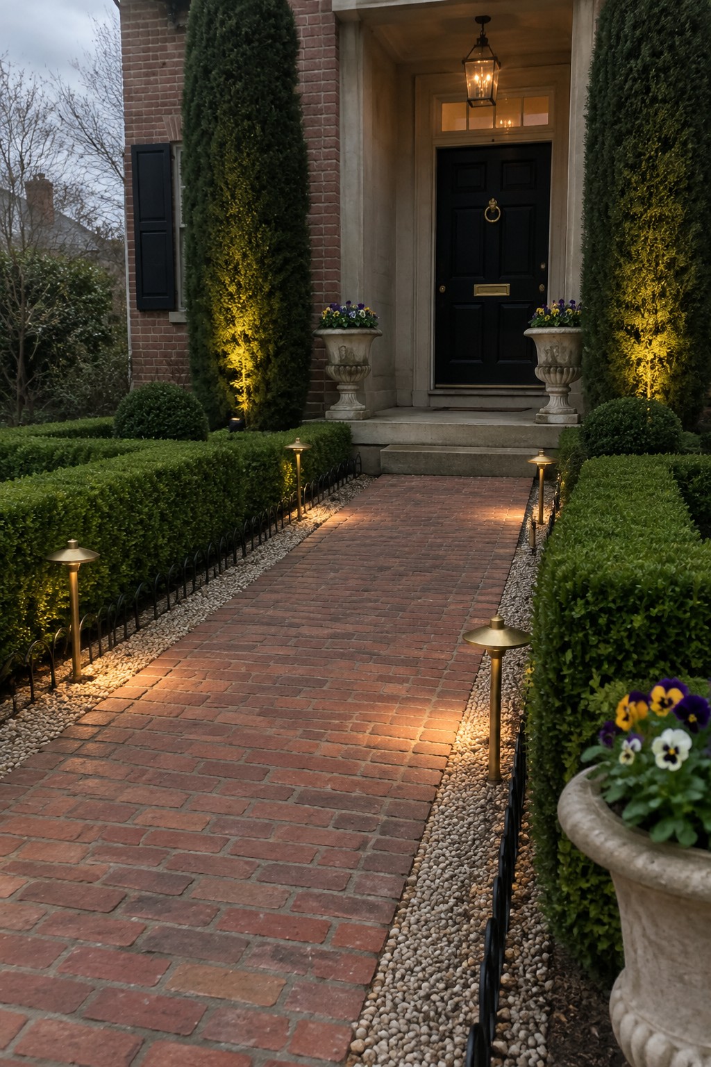 A brick walkway lined with low-voltage path lights leads to a black front door, with uplights on flanking shrubs and stone urns holding flowers.