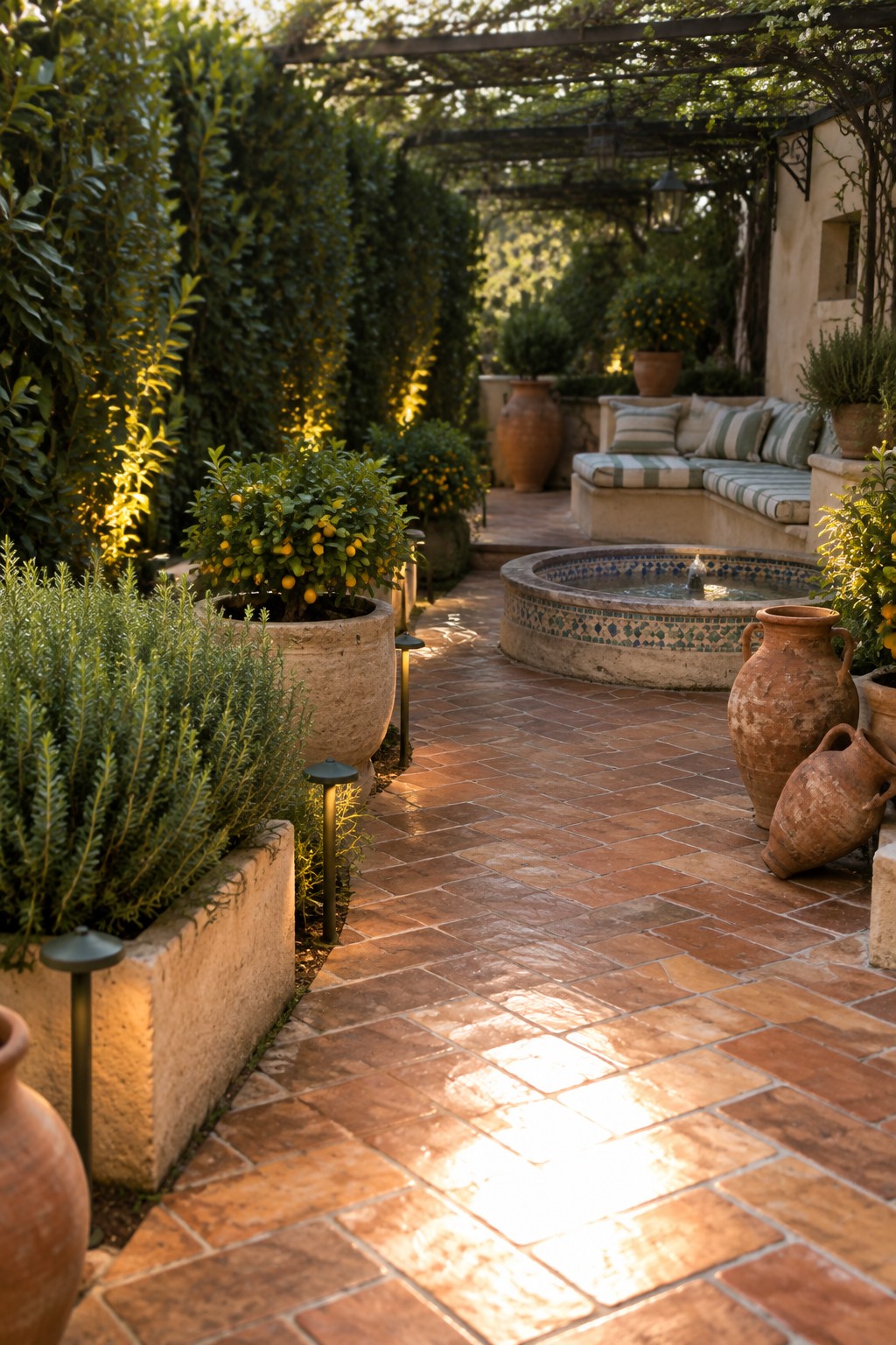 Sunlit brick courtyard with terracotta pots, mosaic fountain, citrus trees, and greenery.