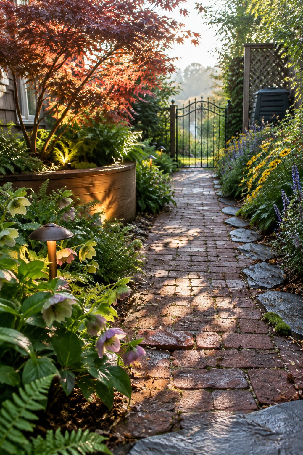 Sun-dappled brick path through lush garden with red maple, flowers, and gate