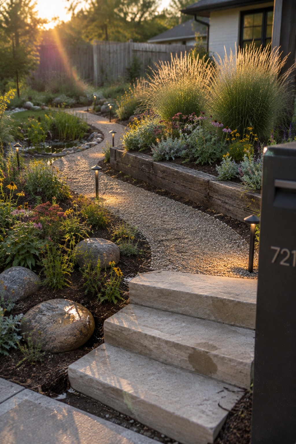 Stone steps lead to a gravel path beside wooden planters and glowing lights at sunset.