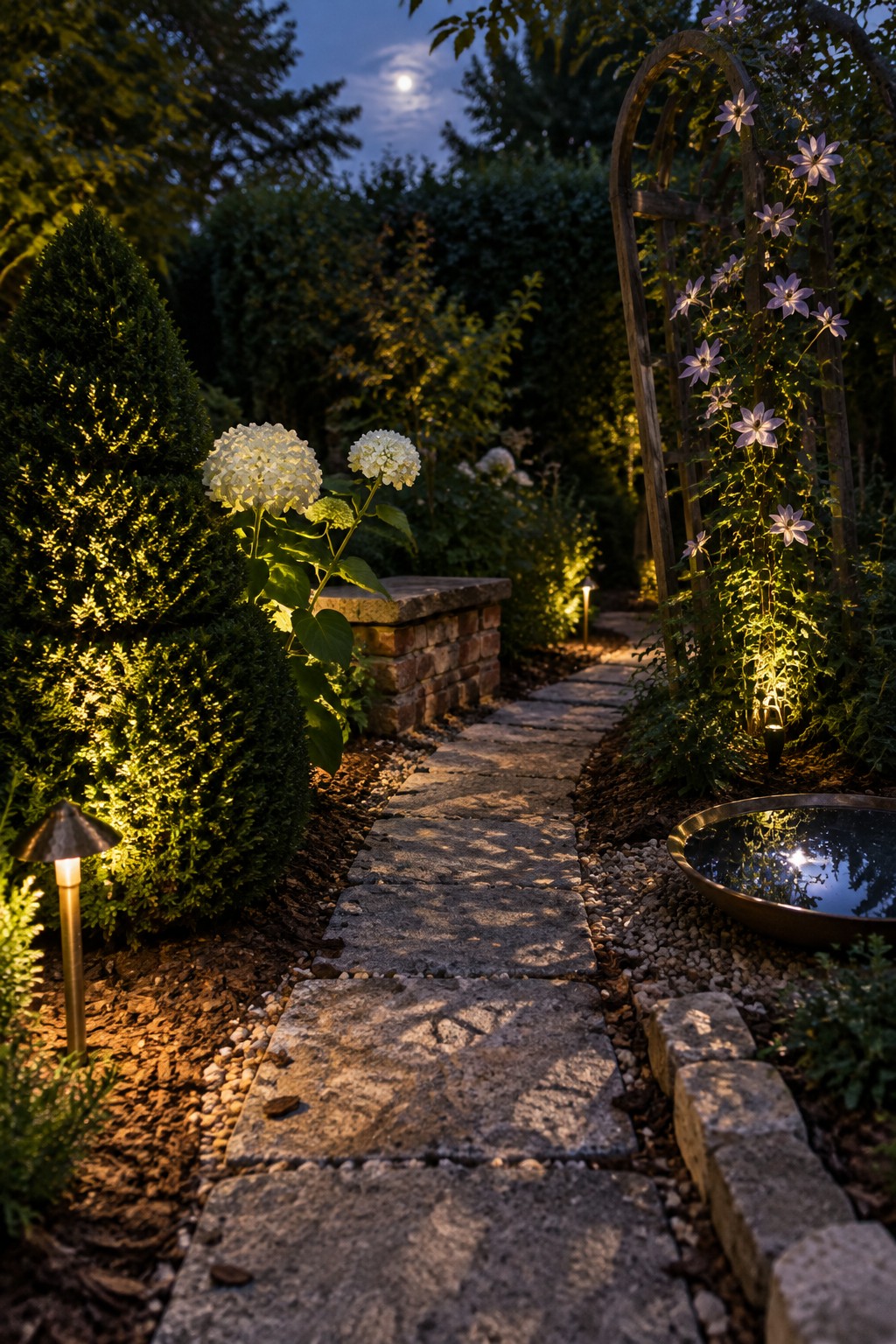 Moonlit stone garden path lined with glowing white flowers and wooden trellis