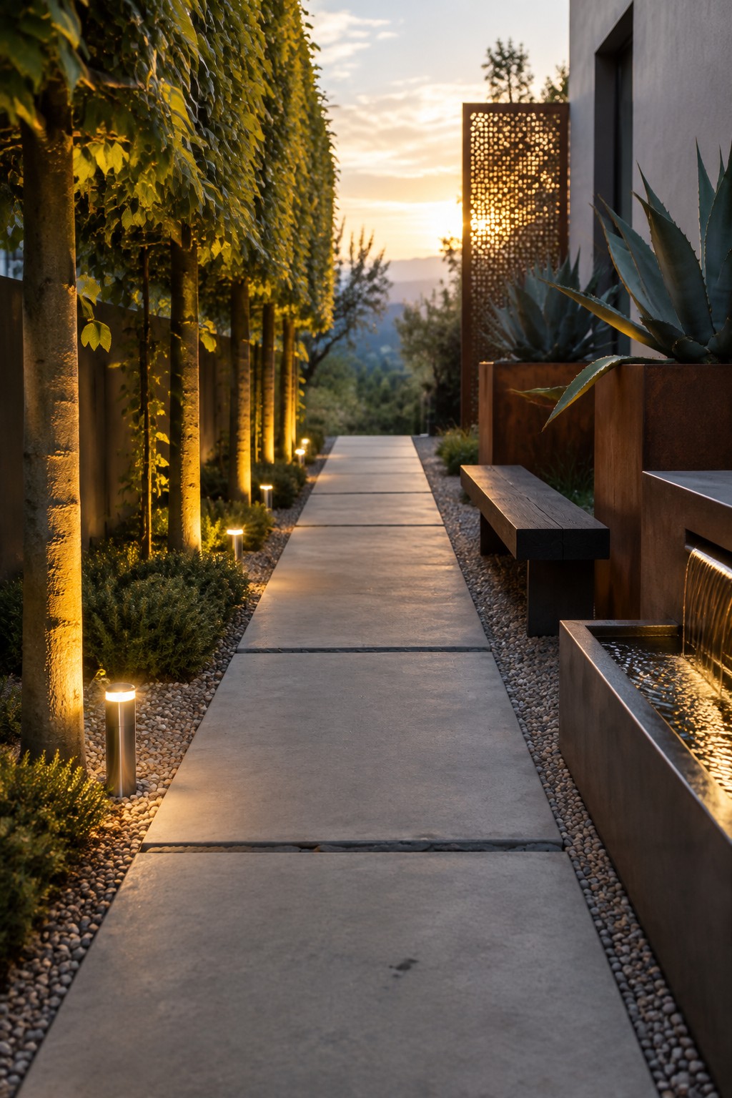 A straight concrete garden path bordered by gravel, low voltage path lights, and tall trees at dusk.