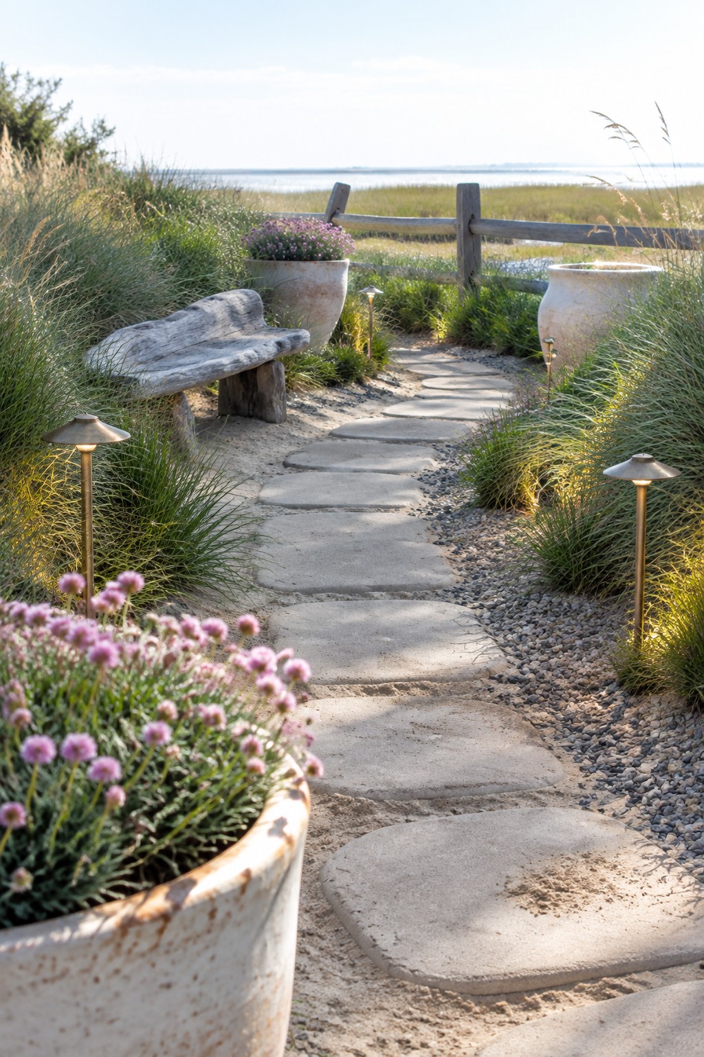 A sandy garden path of large concrete stepping stones runs between tall grasses and weathered pots, with low voltage path lights placed along both sides.