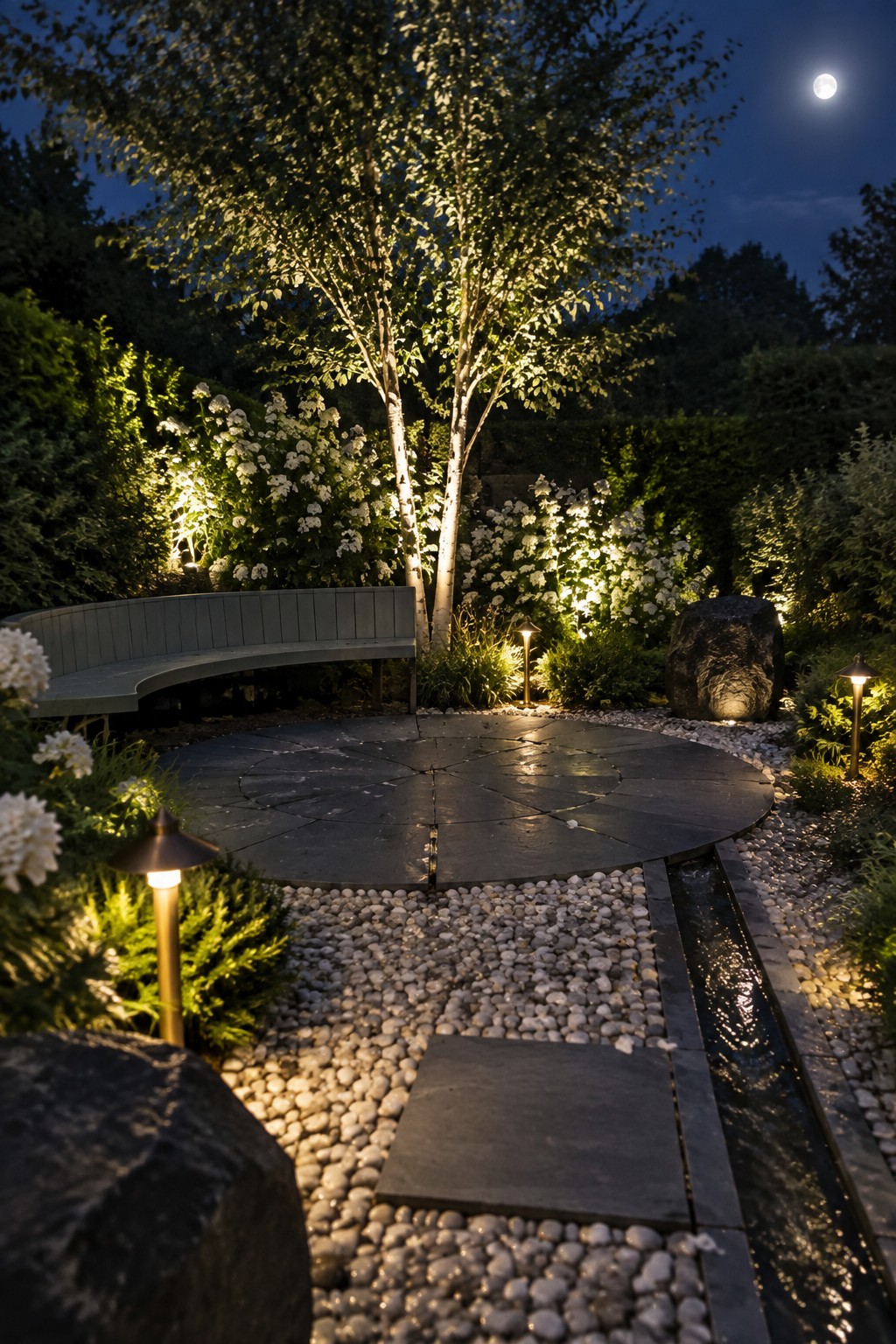 Night garden with uplighted tree, curved bench, circular stone patio, gravel paths, and low path lights along plants and a narrow water channel.