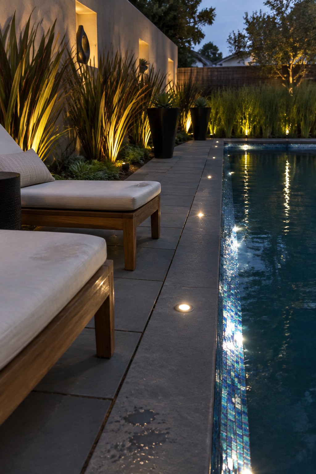 Outdoor pool area at dusk with wooden lounge chairs on stone pavers, uplighted tall grasses against a wall, and illuminated blue mosaic pool edge with small path lights.