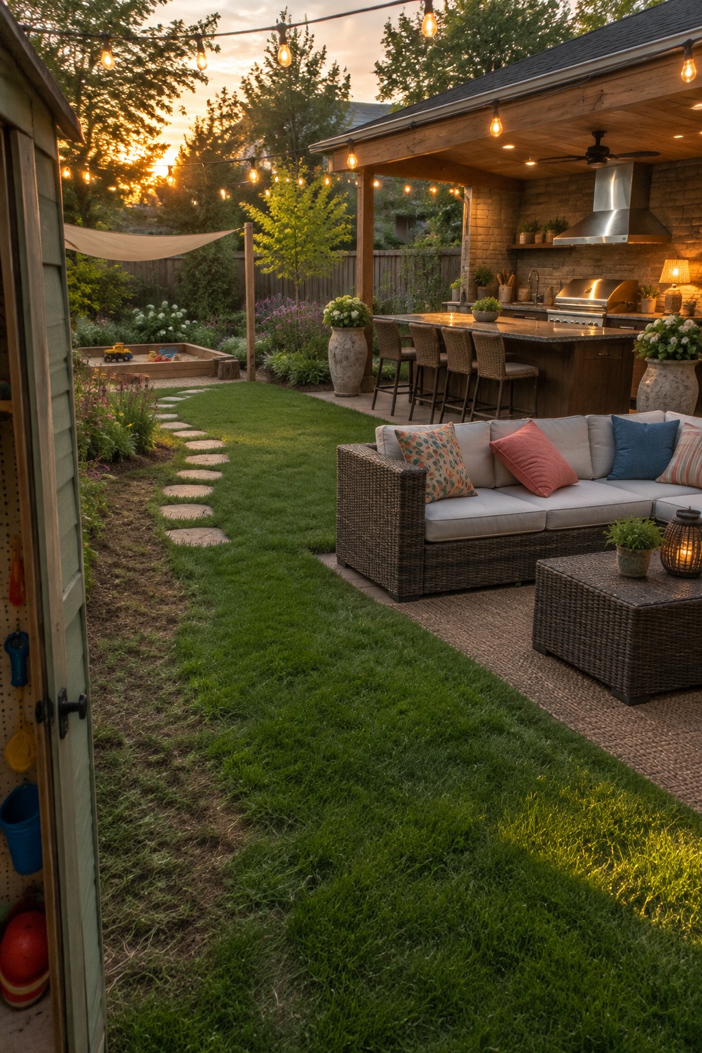 A backyard at dusk showing an outdoor kitchen under a covered structure, a wicker sectional sofa on a paved patio, and a stepping stone path leading across the lawn to a children's sandbox.