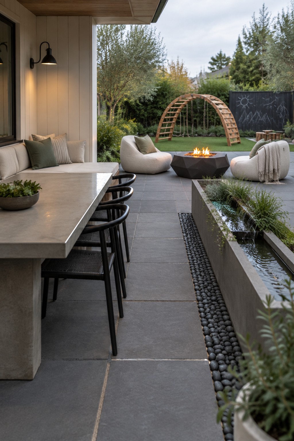 Modern patio with dining table, fire pit, lounge chairs, and water feature