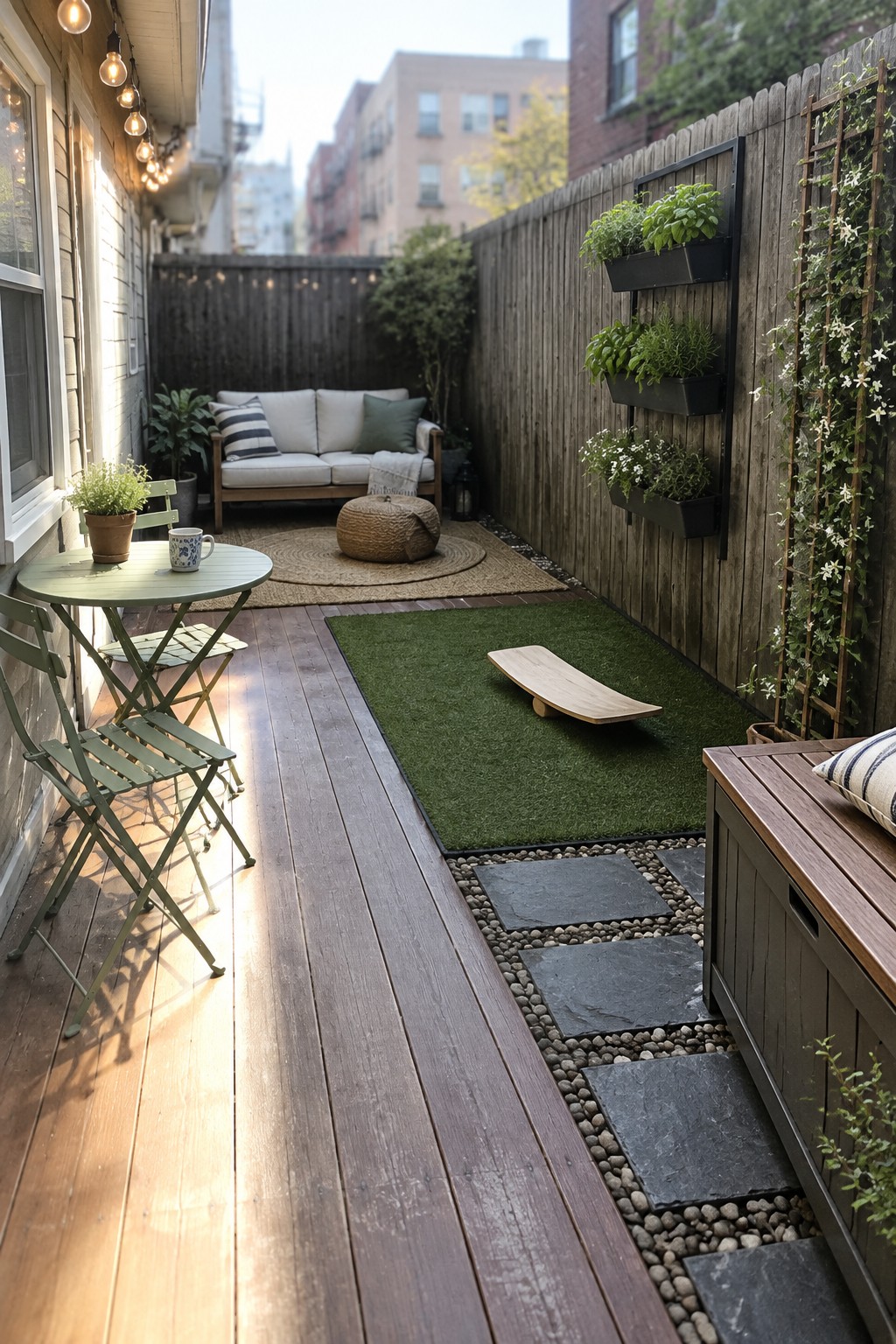 A narrow backyard deck with a dining table and chairs on wood flooring, an artificial grass rectangle holding a balance beam, a lounge sofa on a rug, and vertical planters along a wooden fence.