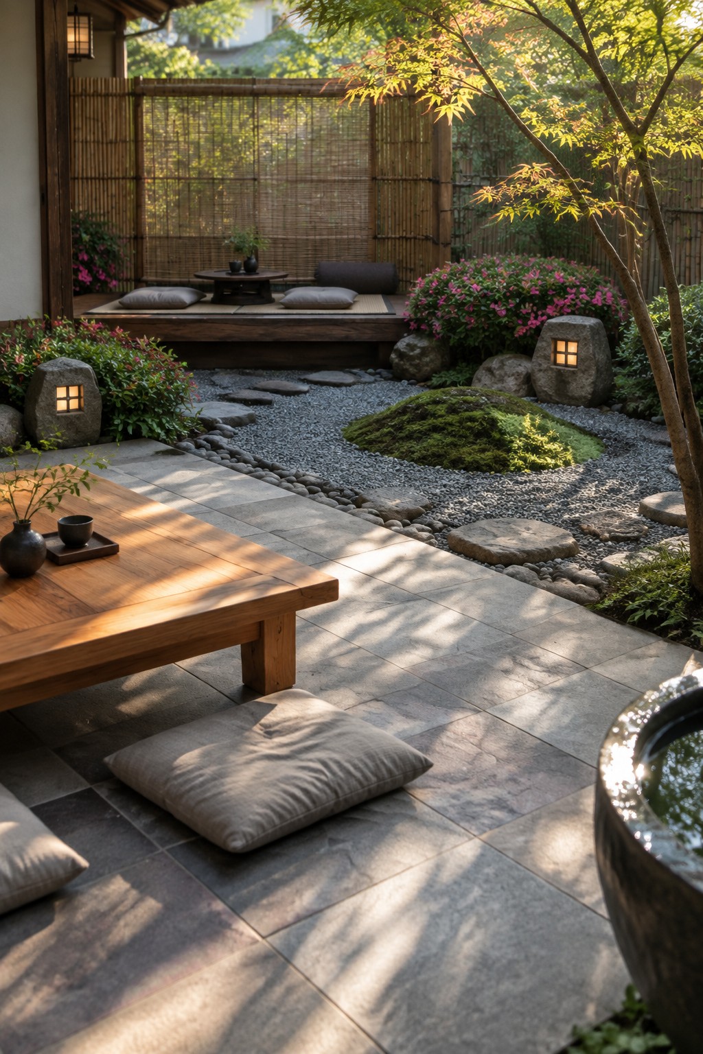 A backyard with a stone patio holding a low wooden table and cushions, a gravel path with stepping stones, a small moss mound, and a raised wooden deck with additional seating.