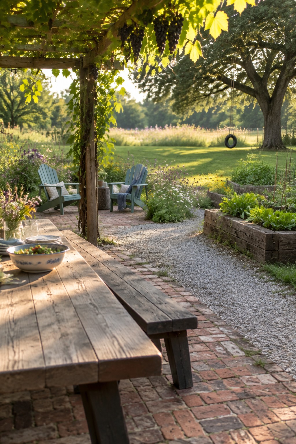 A wooden dining table on a brick patio under a wooden pergola covered in grapevines, with blue Adirondack chairs and raised garden beds visible in the background.