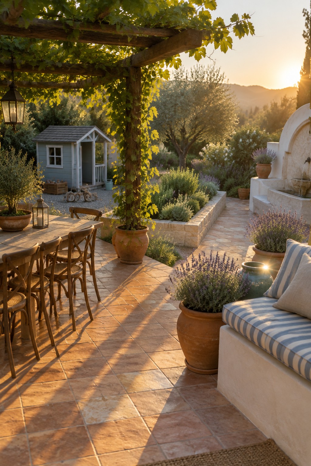 A stone patio with a wooden pergola covered in vines over a dining table and chairs, plus a cushioned bench and potted plants near a small fountain at sunset.