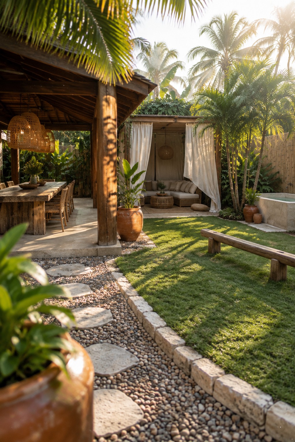 A backyard with a covered wooden dining area on the left, a curtained lounge cabana in the center, a grassy lawn, and a gravel path with stepping stones leading through the garden.