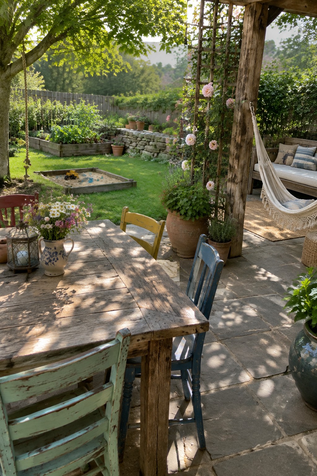 A wooden dining table with mismatched chairs sits on a stone patio beside a hammock in a backyard garden with raised beds and a sandbox visible beyond.