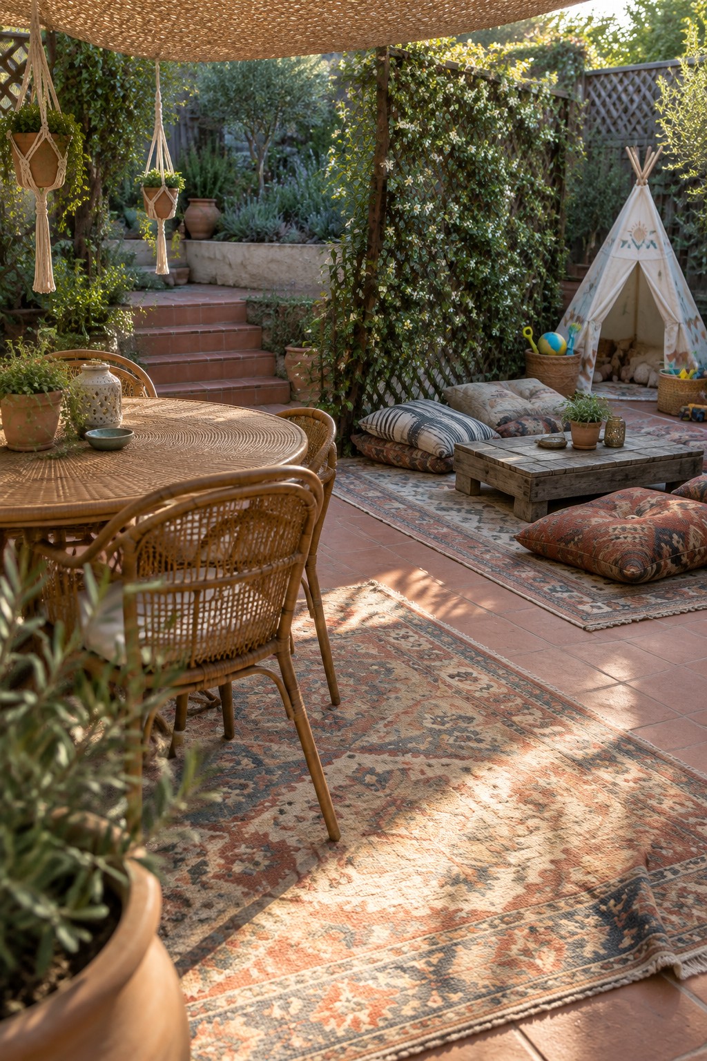 A backyard patio with a round wooden dining table and chairs on one rug, a low wooden coffee table with floor cushions on a second rug, and a children's teepee nearby.