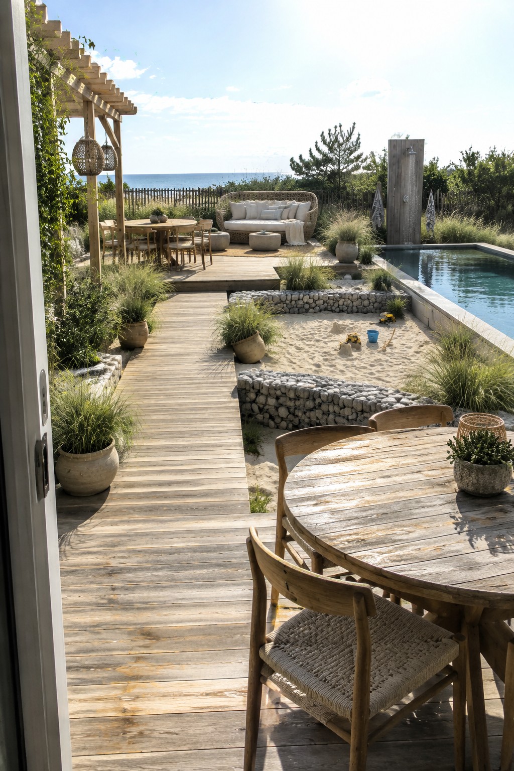 A backyard scene showing a wooden deck path leading past a round dining table toward a lounge sofa, a sand play area, and a swimming pool.