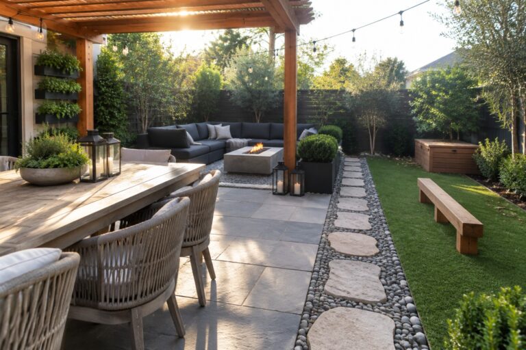 19 Practical Backyard Zoning Ideas for Dining, Lounging, and Play A backyard patio with a long wooden dining table and woven chairs beside a stone path bordered by pebbles that leads past a fire pit to an outdoor sofa lounge.