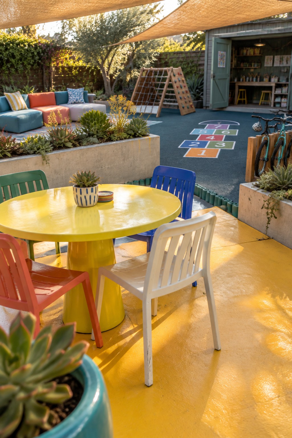 Yellow table with colorful plastic chairs in sunny backyard playground area.