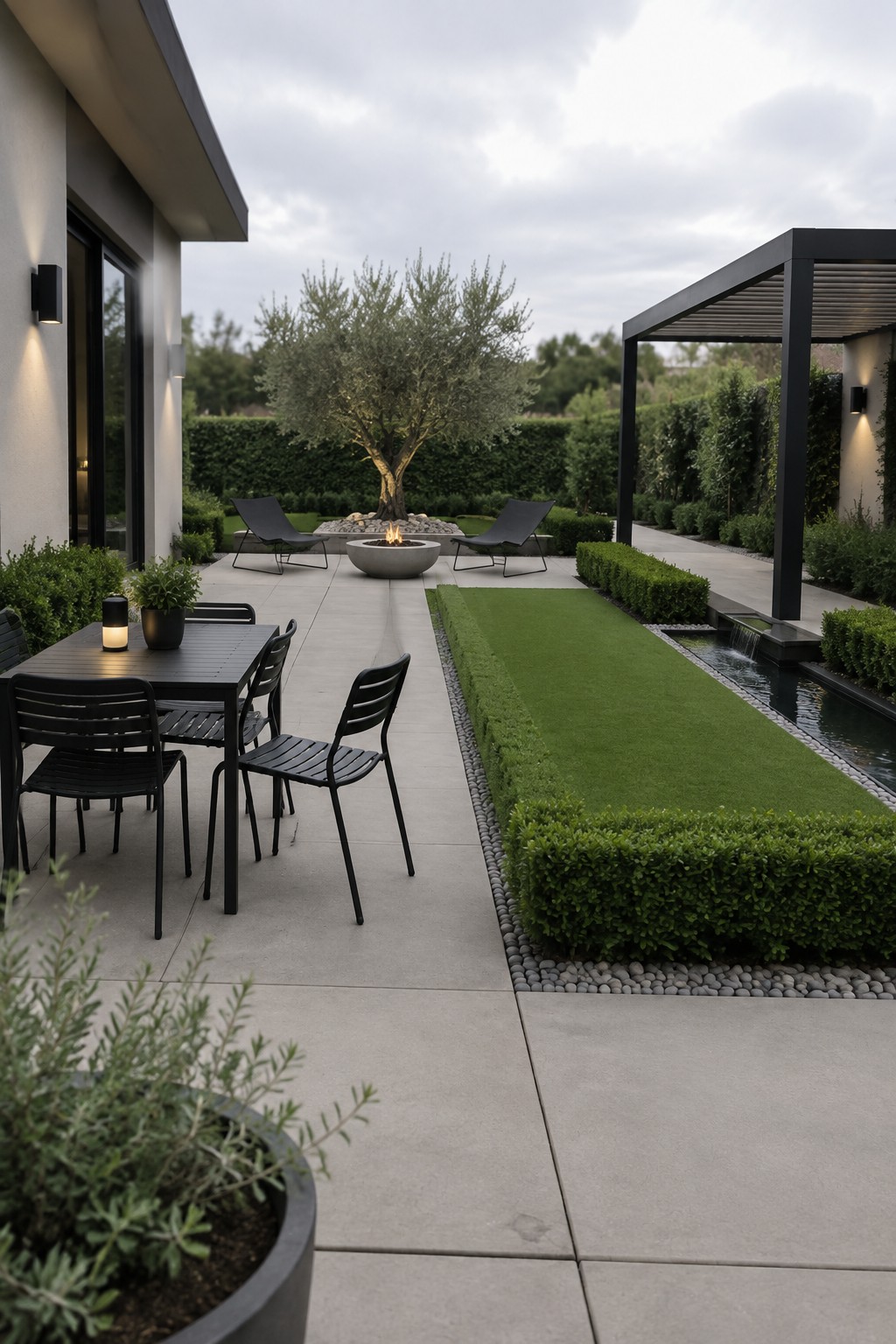 Modern patio with black dining set, fire pit, lounge chairs, and water feature amid greenery.