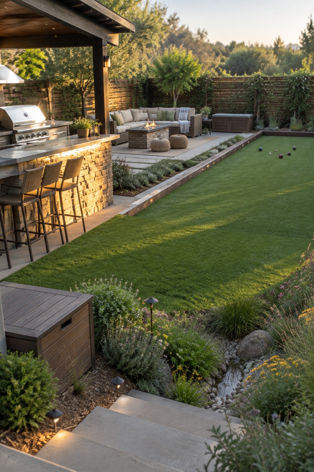 A backyard with an outdoor kitchen on a stone patio, a fire pit lounge area, and a large lawn separated by a low planted border with path lights.