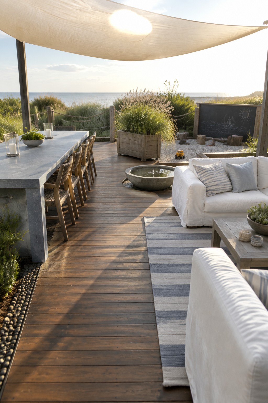 Modern coastal deck with white sofas, wooden dining table, fire pit, and ocean view.