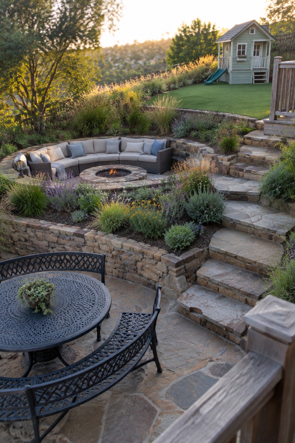 A backyard with a curved stone fire pit and surrounding sectional seating on a lower terrace, stone steps leading up to a lawn with a playhouse, and a black metal table and chairs on the foreground patio.