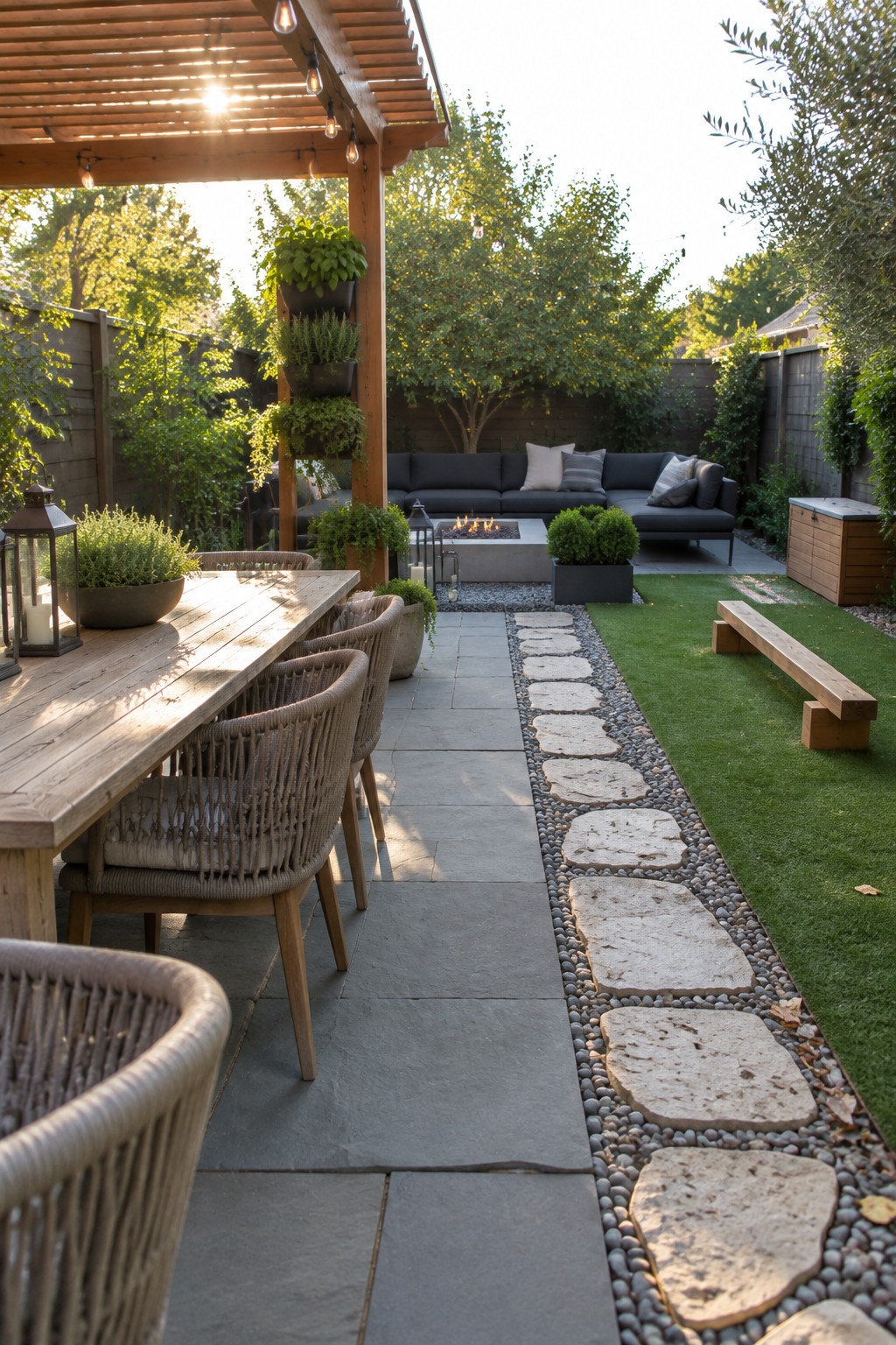 A backyard patio with a long wooden dining table and woven chairs beside a stone path bordered by pebbles that leads past a fire pit to an outdoor sofa lounge.