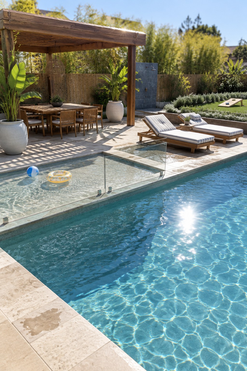 A backyard pool area with a wooden pergola covering a dining table, two lounge chairs on the deck, and a cornhole board on the grass.