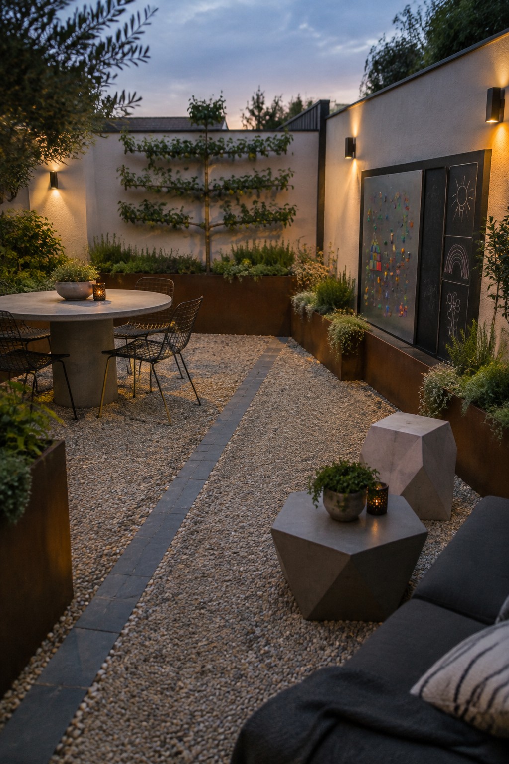 A backyard at dusk showing a round concrete dining table with wire chairs on gravel beside a lounge area with a dark sofa, raised metal planters, and a wall with colorful art panels.
