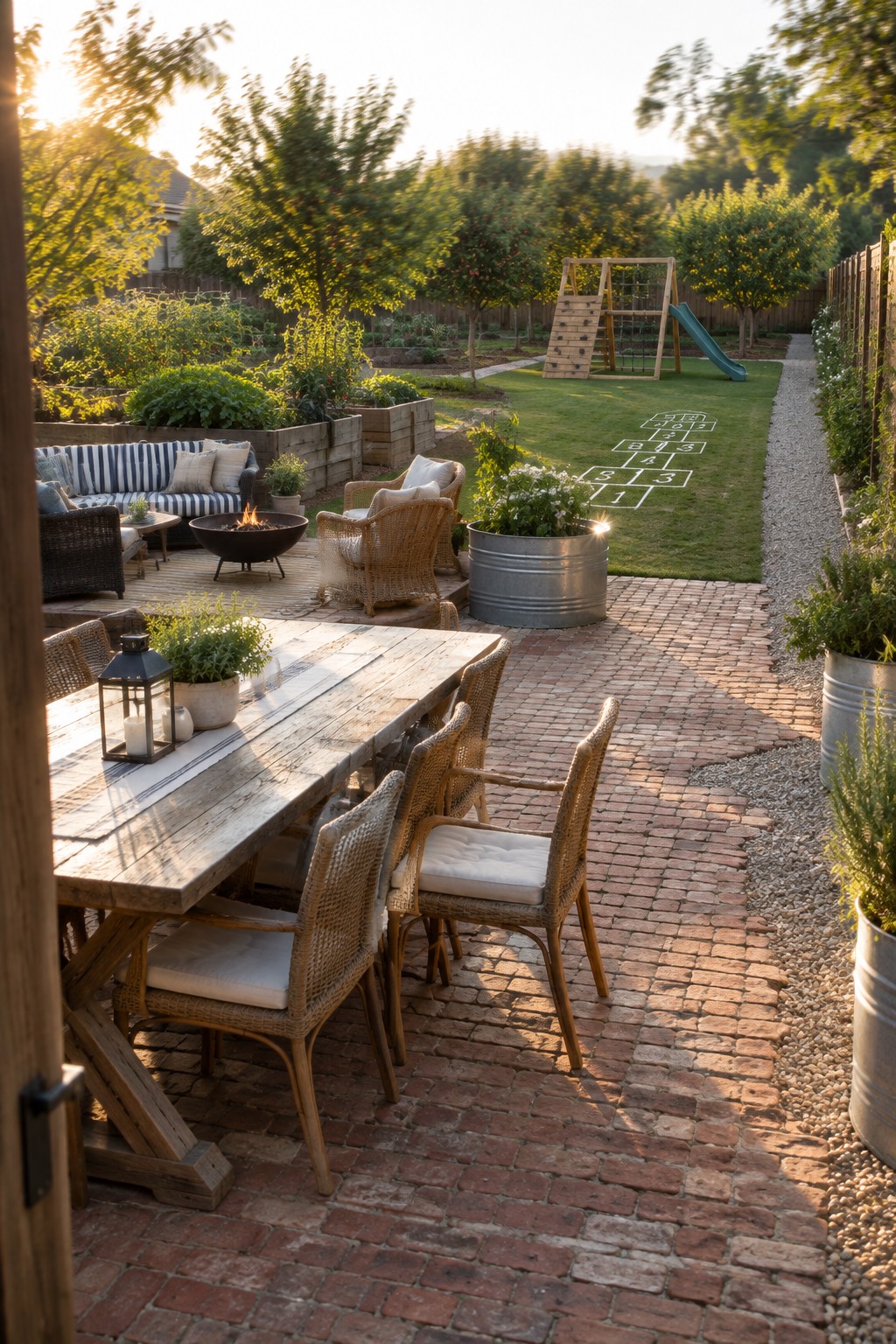 A backyard scene showing a wooden dining table on a brick patio, a fire pit seating area, raised garden beds, and a children's playground with hopscotch on the lawn.