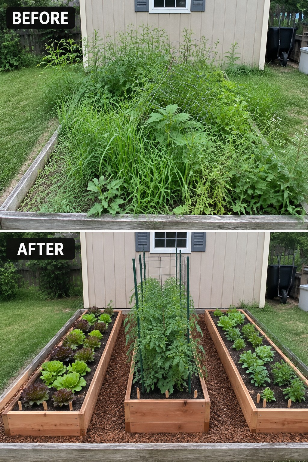 Before overgrown raised bed transformed into three neat mulched vegetable beds with tomatoes and lettuce