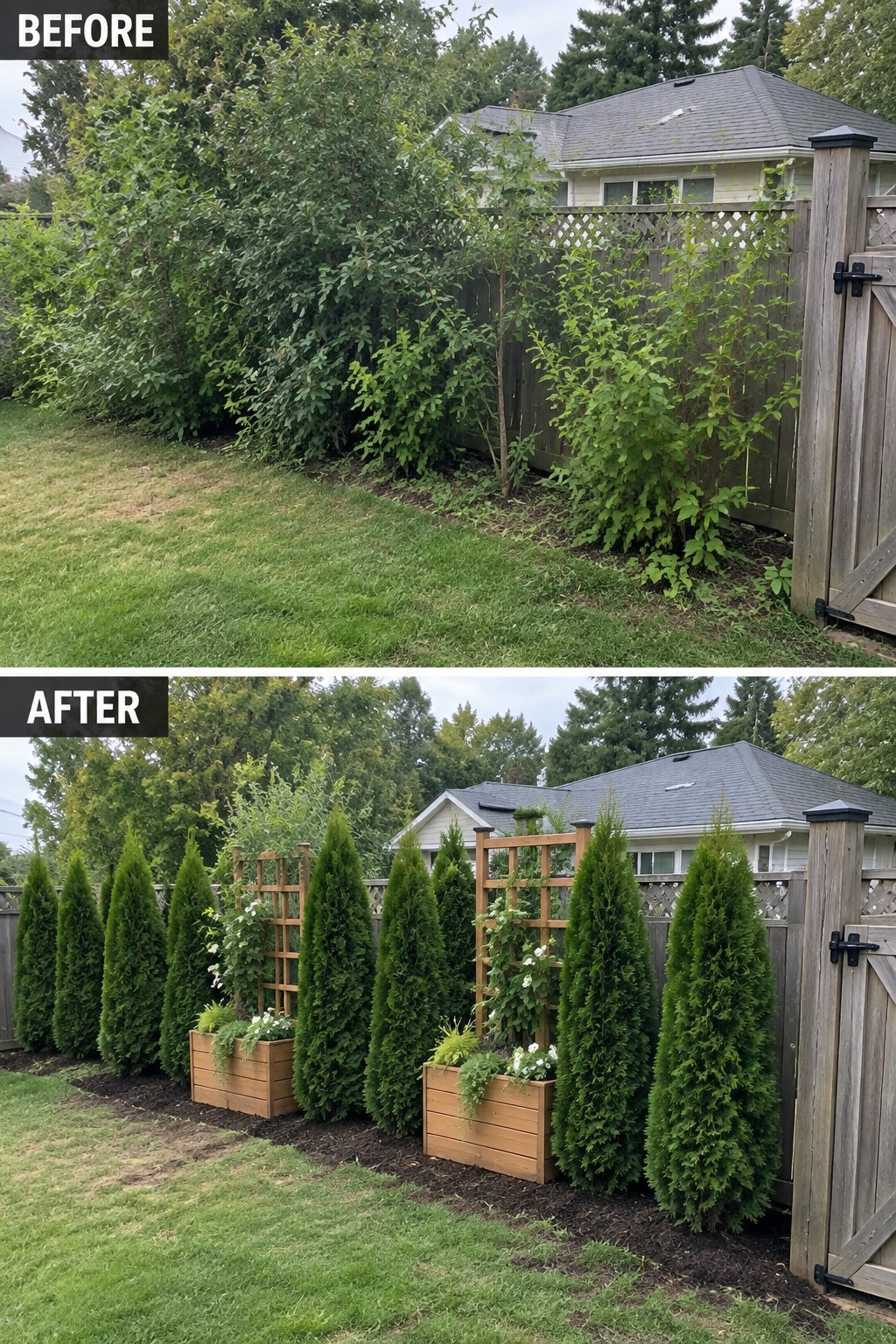 Before-and-after backyard with overgrown bushes replaced by evergreens and wooden planters