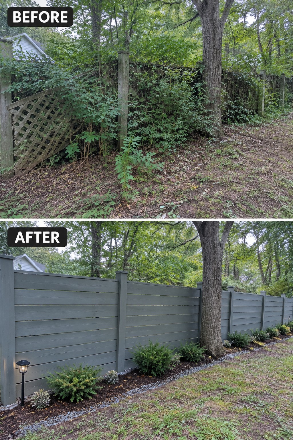 Before-and-after image of an overgrown backyard fence line replaced with a modern gray fence and a clean row of planted garden beds.