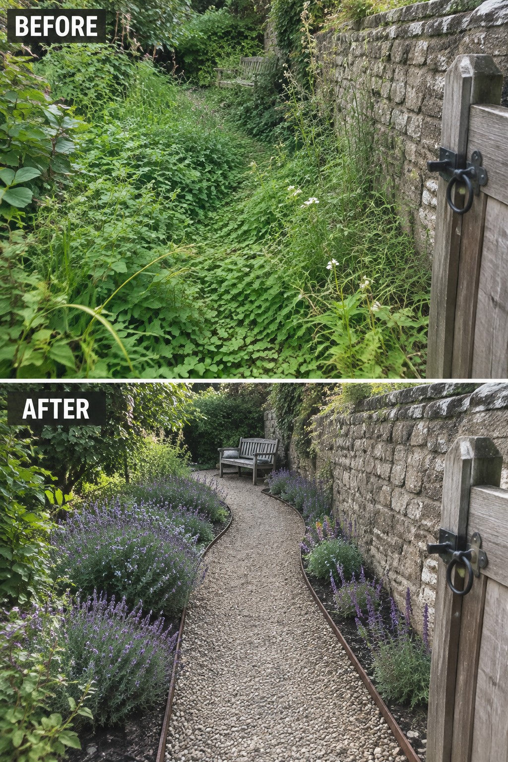 Before-and-after image of an overgrown garden path transformed into a gravel walkway lined with lavender plants along a stone wall.