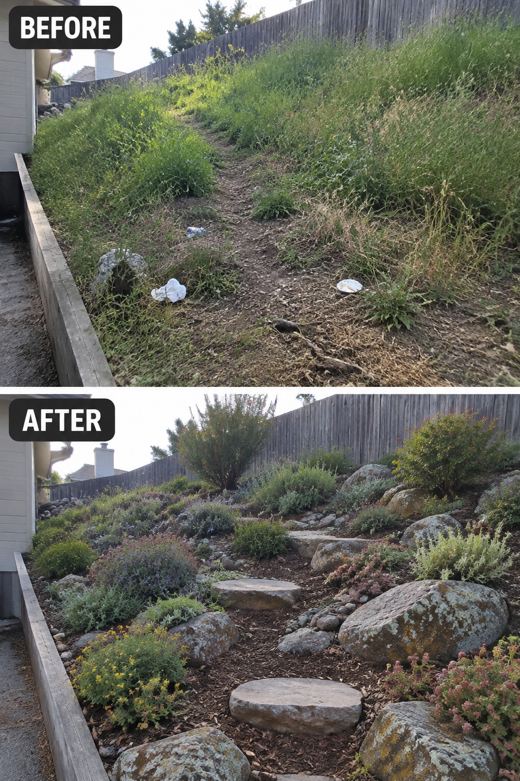 Before-and-after hillside: overgrown weeds and trash transformed into landscaped plants, rocks, and stepping stones.