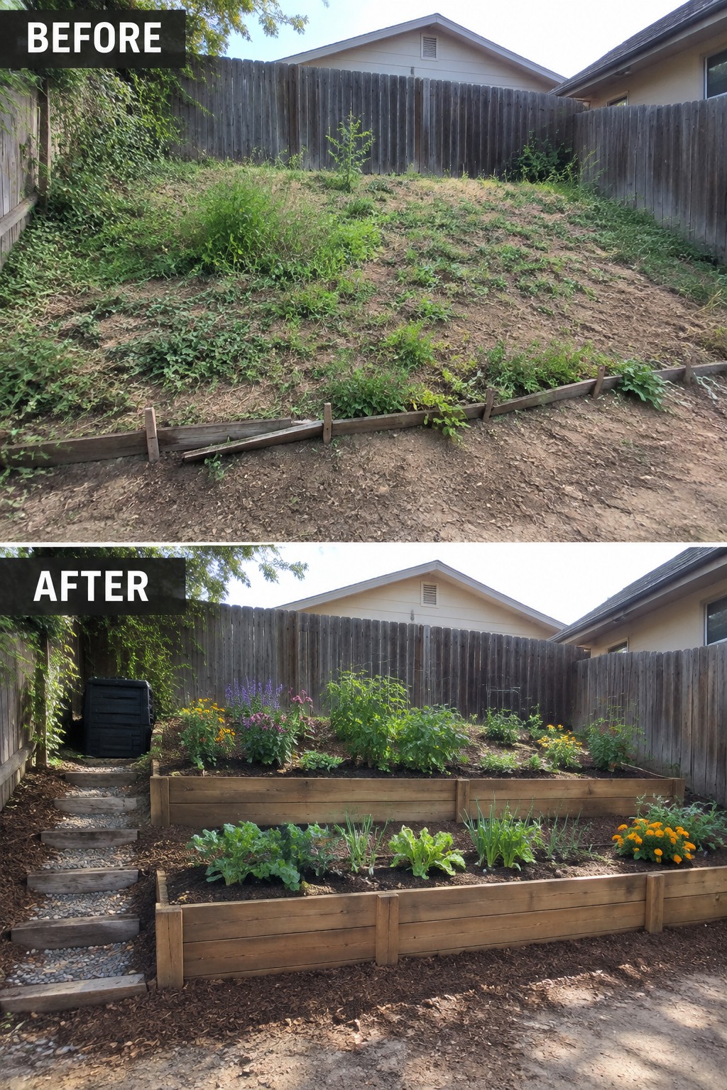 Before-and-after image of an overgrown backyard slope changed into terraced raised garden beds with organized planting.