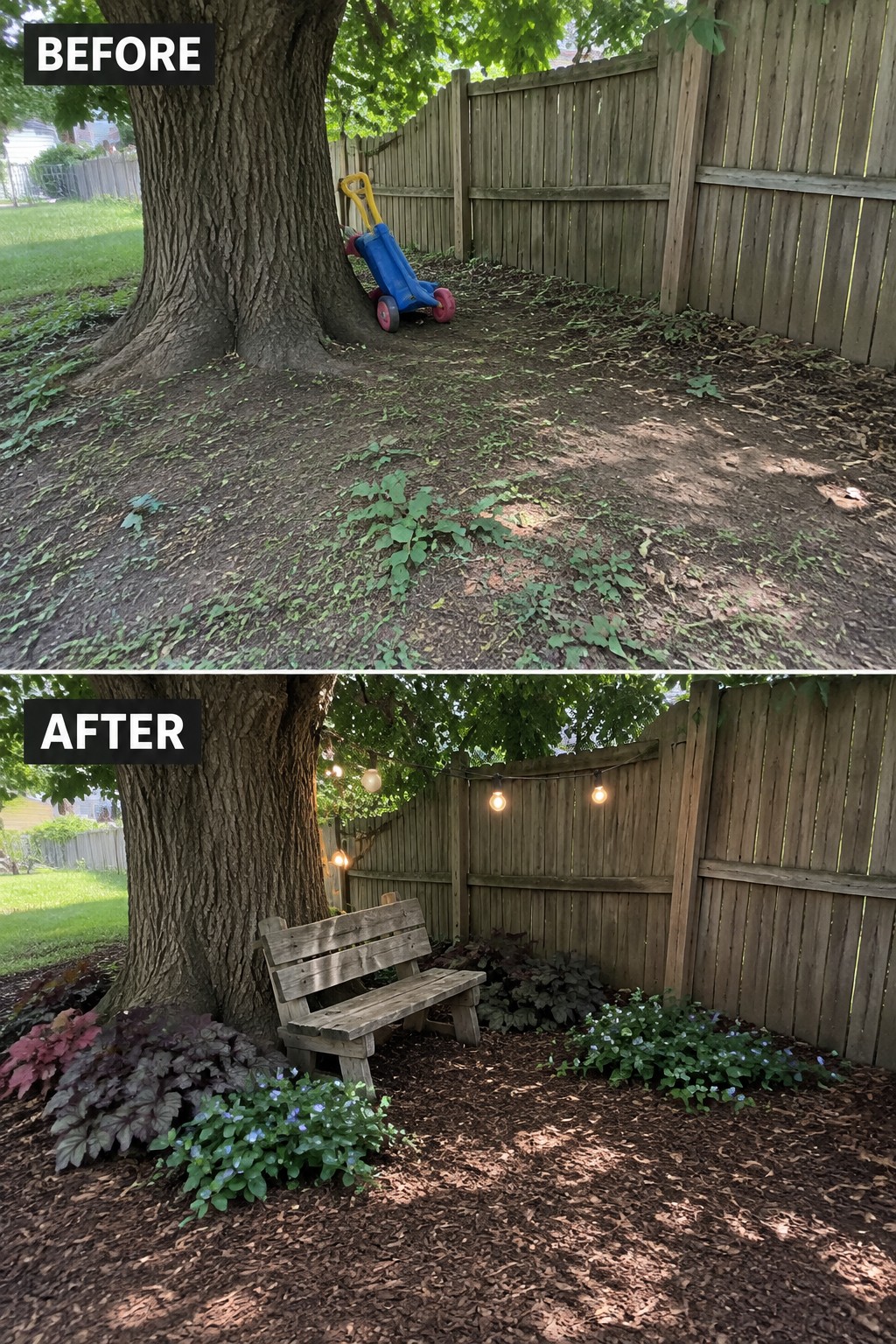 Before and after of mulched yard corner with bench, plants and string lights added