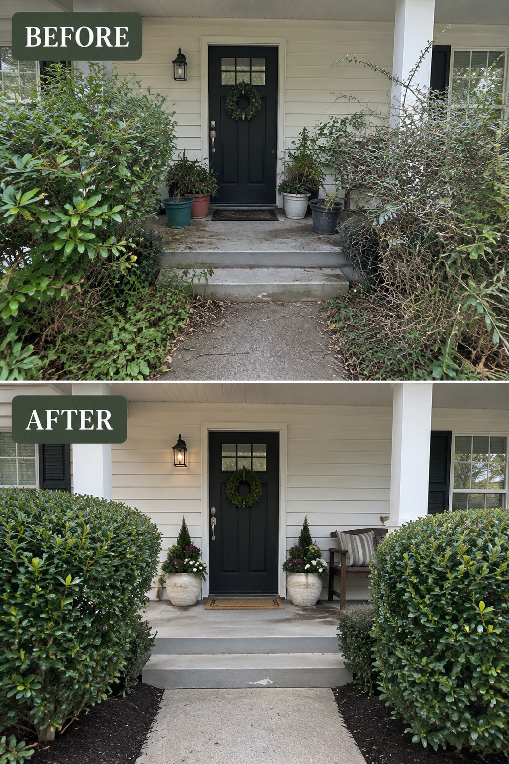 Before-and-after porch entrance with overgrown shrubs replaced by trimmed bushes and bench