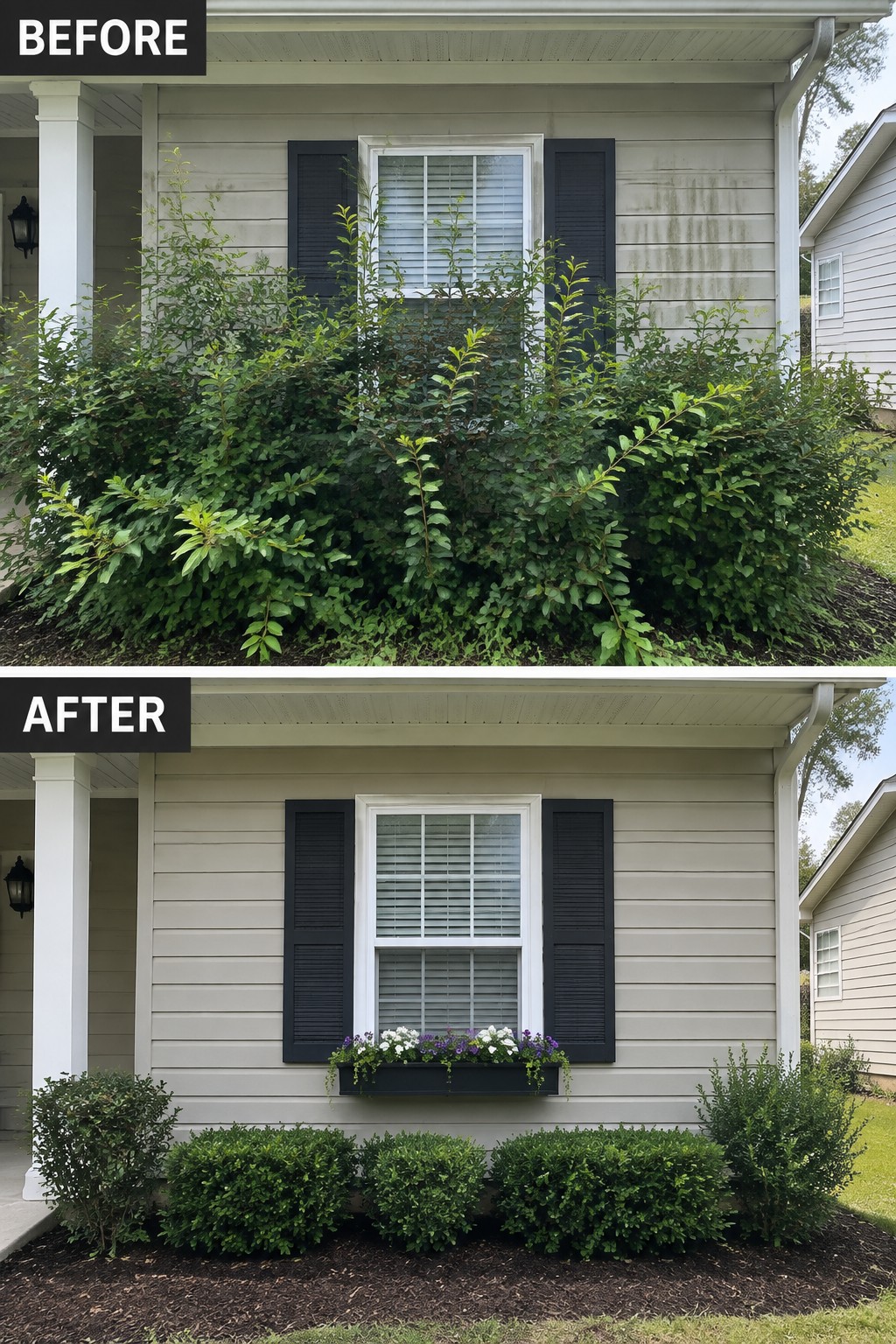 Before-and-after house exterior with overgrown bushes replaced by trimmed shrubs and flower box.