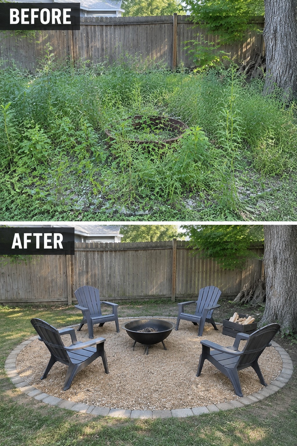 Before-and-after image of an overgrown backyard changed into a gravel fire pit seating area with chairs and a brick border.