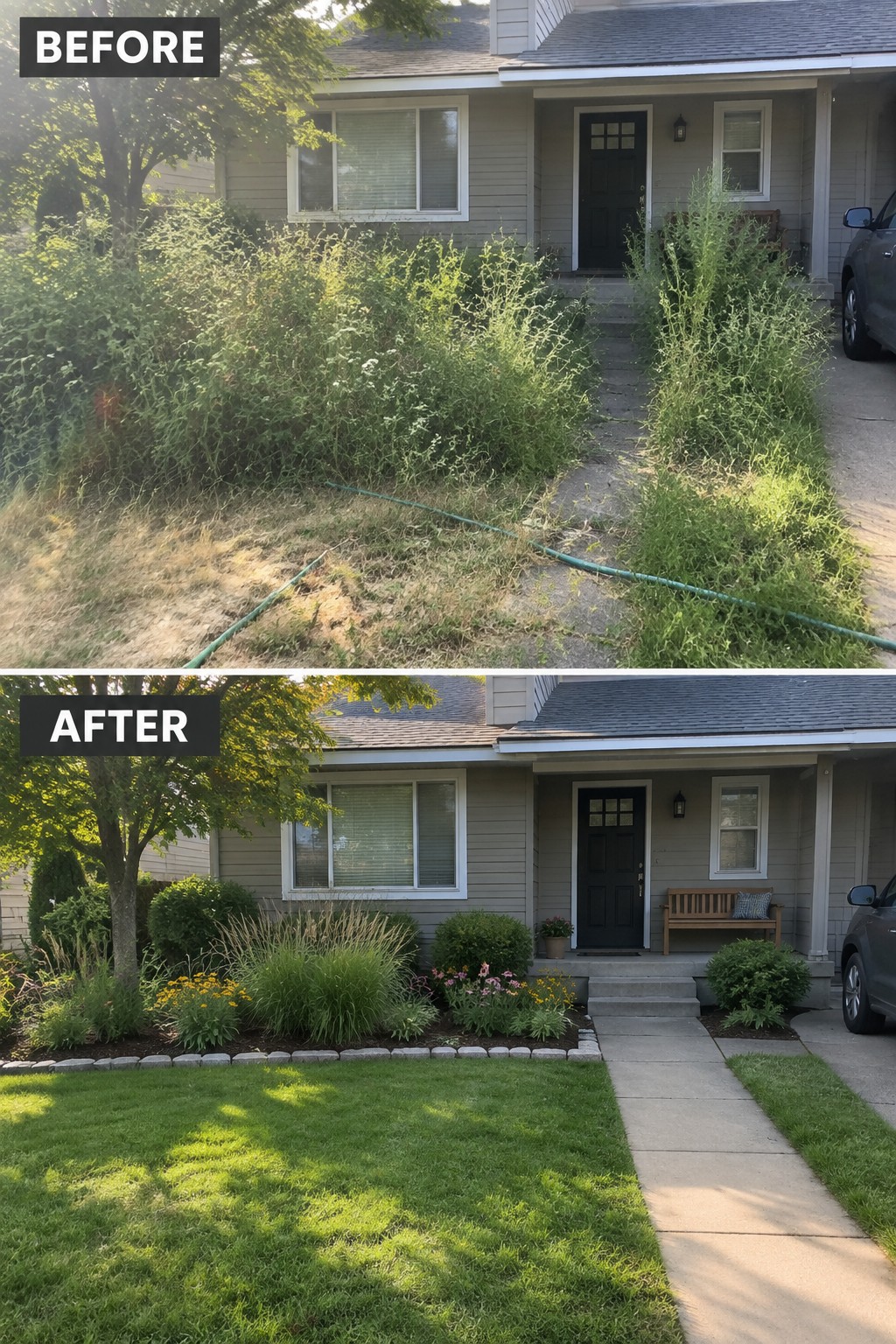 Before-and-after image of an overgrown front yard transformed into a neat lawn with mulched garden beds and structured shrubs.