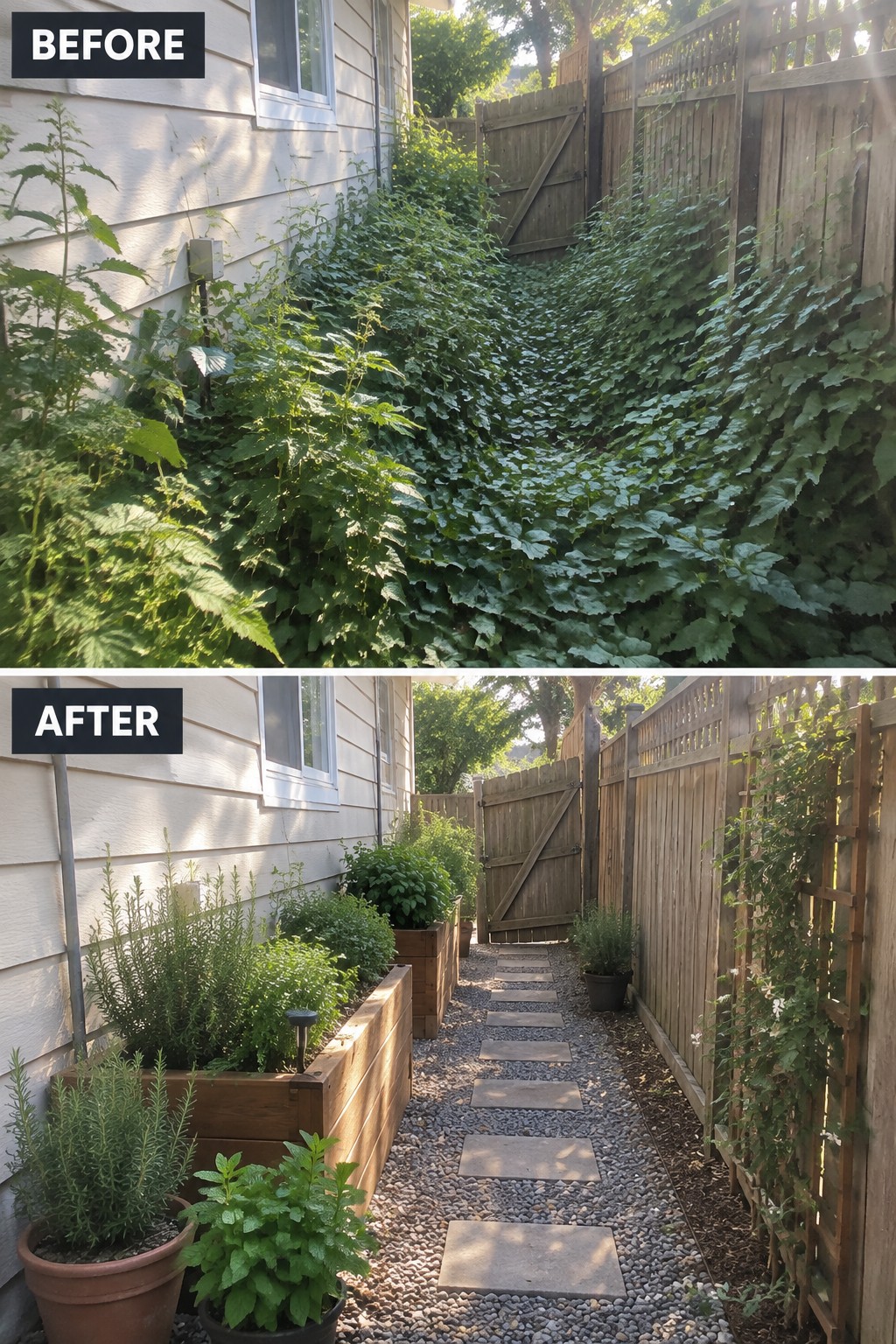 Before and after of overgrown side yard transformed into tidy gravel path with planters.